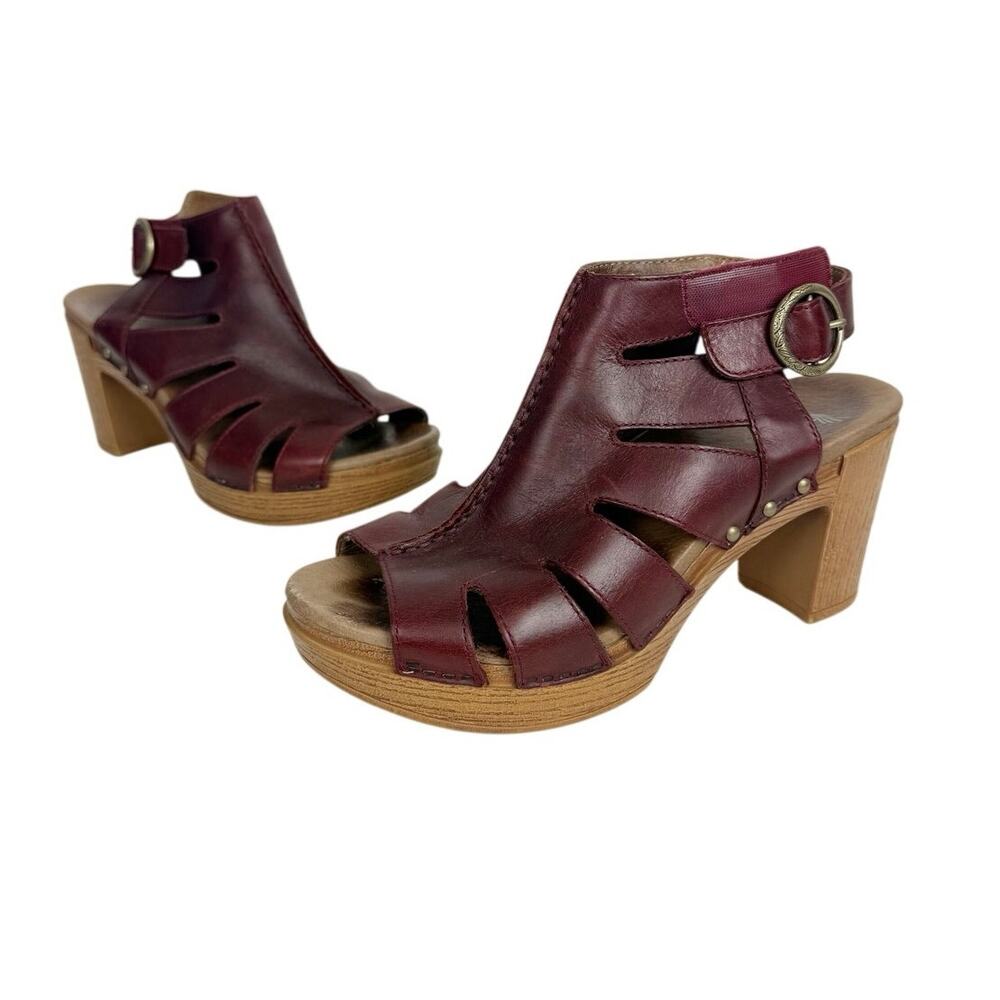 Dansko Demetra Sandals Ruby Oxblood Nubuck Leather Block Heel Sz 38